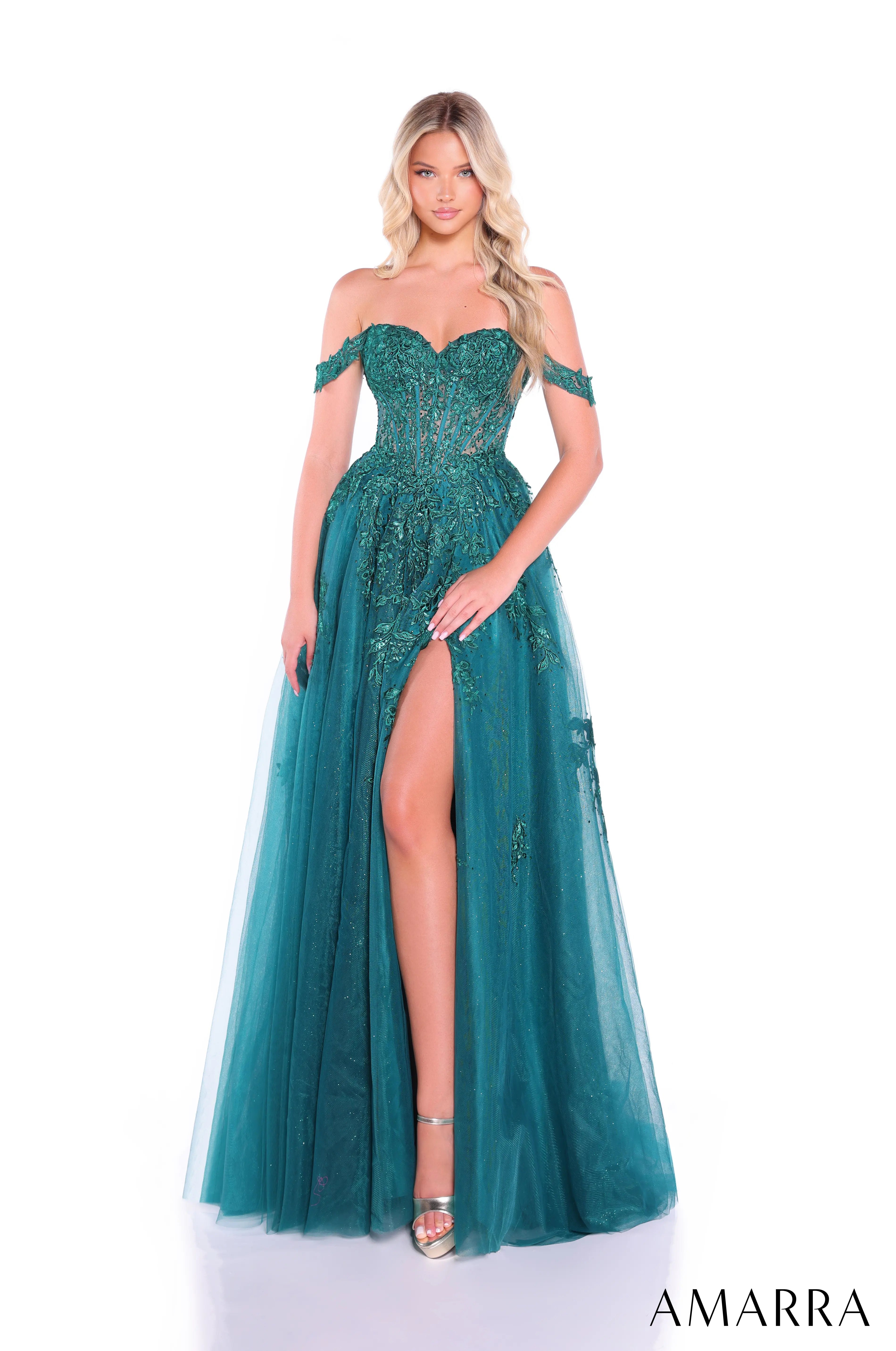 Teal evening gown with off-shoulder design and high slit on a white background, brand 'AMARRA' visible.