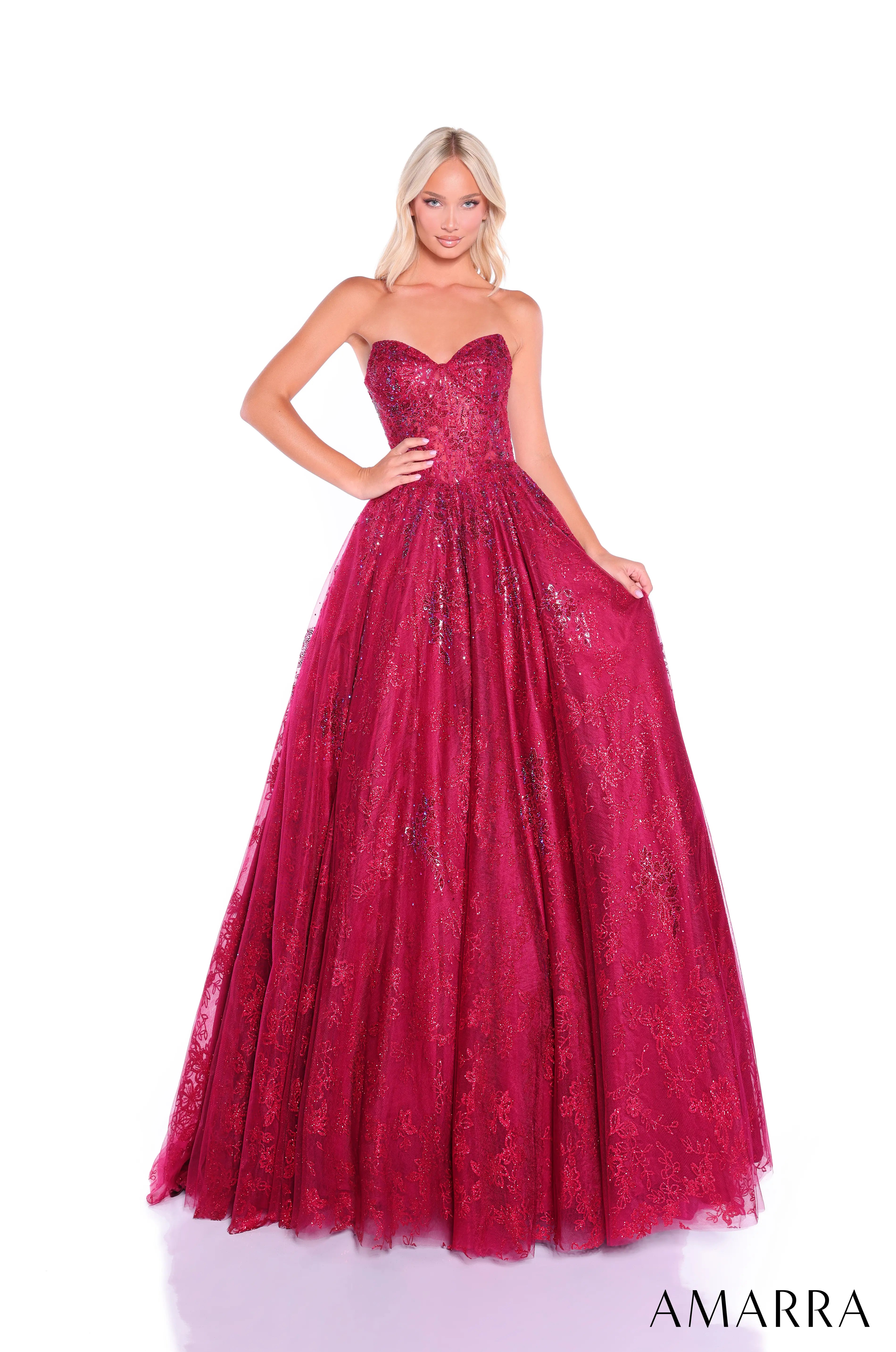 Red lace evening gown on a white background with 'AMARRA' branding.