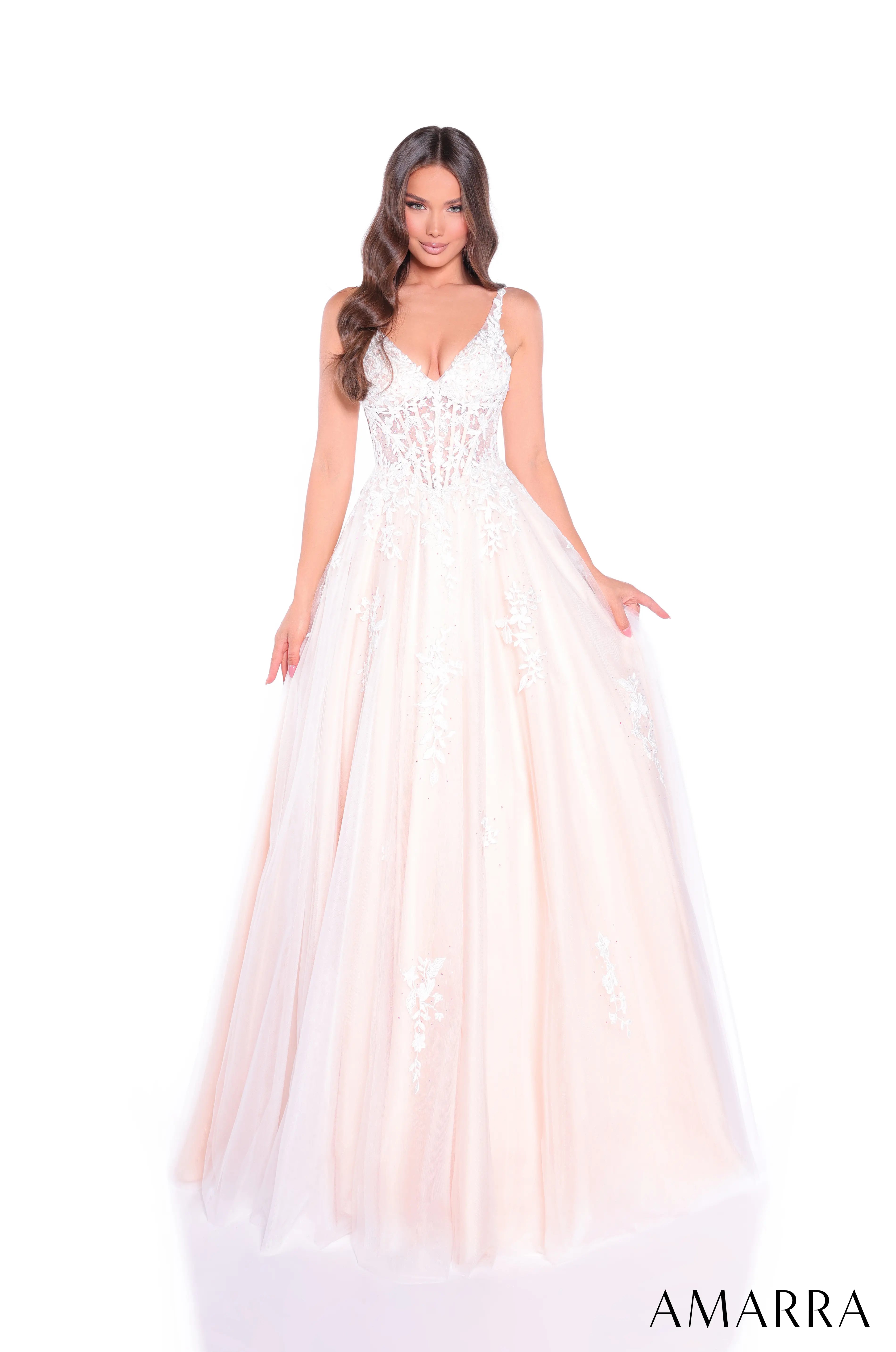 Woman wearing a white evening gown with 'AMARRA' branding on a white background at the bridal company gold coast brisbane australia