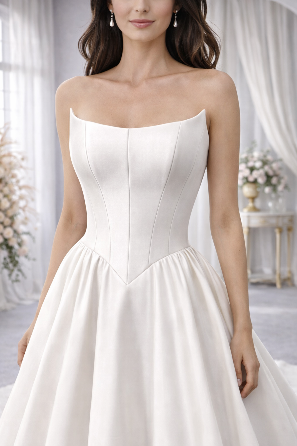 Woman wearing a strapless white wedding dress in a softly blurred indoor setting