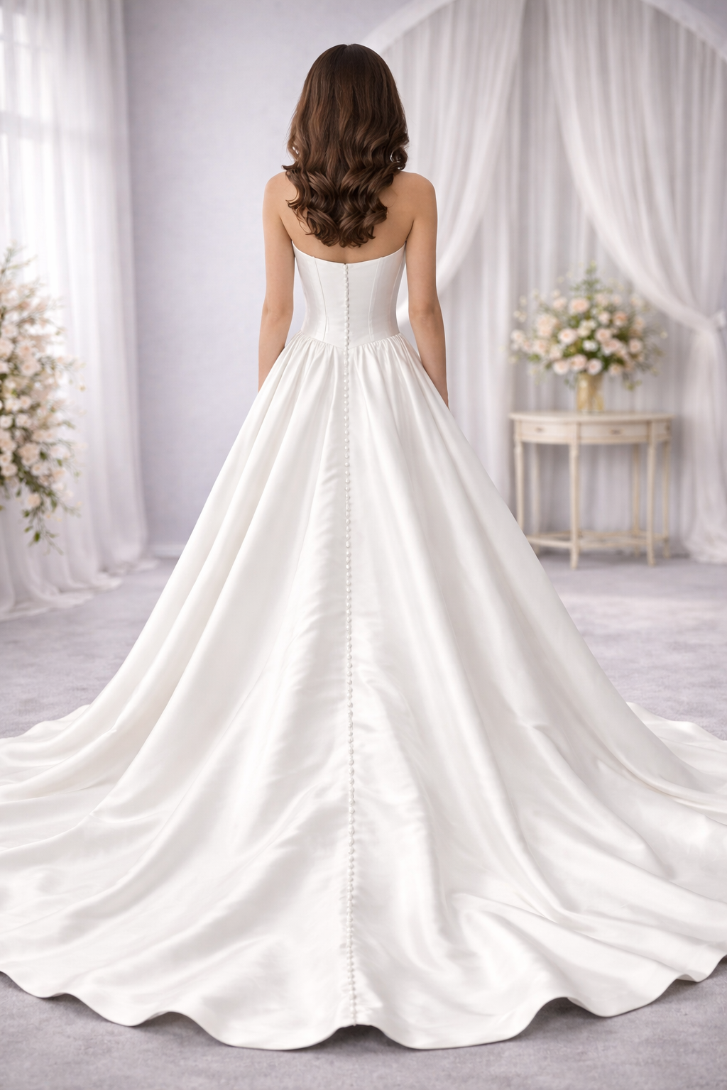 White wedding dress with a long train in a softly lit room.