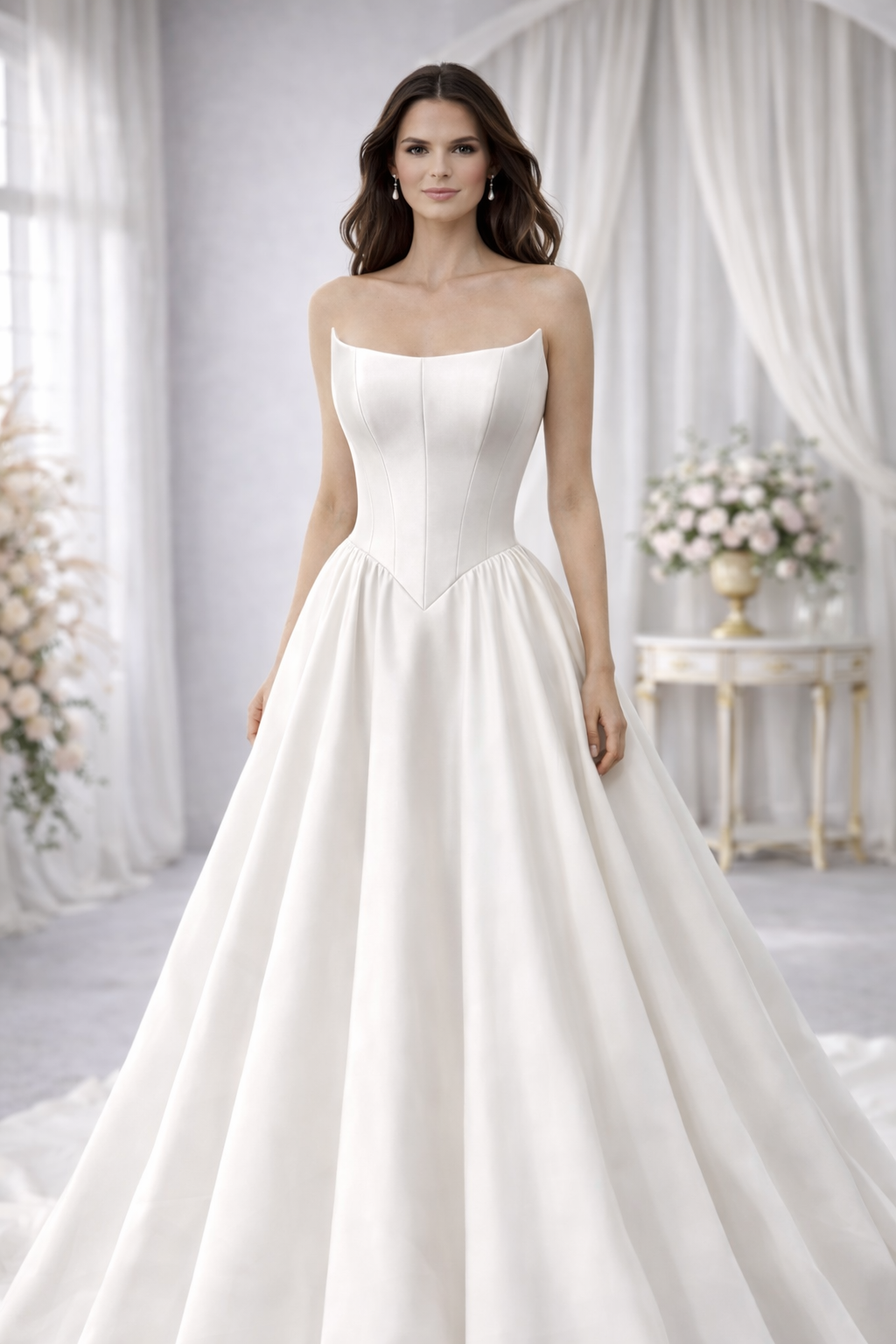 Woman wearing a strapless white wedding dress in a decorated room with flowers and curtains.