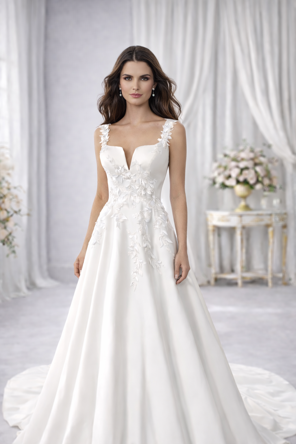 Woman wearing a white wedding dress with floral details in a elegant setting.