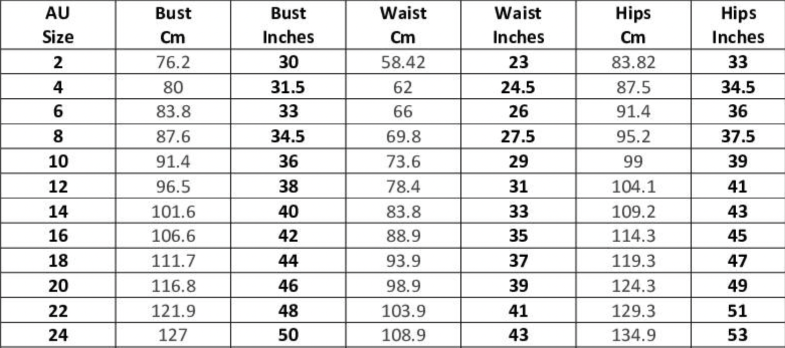 Measurement chart for bust, waist, and hips in centimeters and inches.  at the bridal company brisbane gold coast