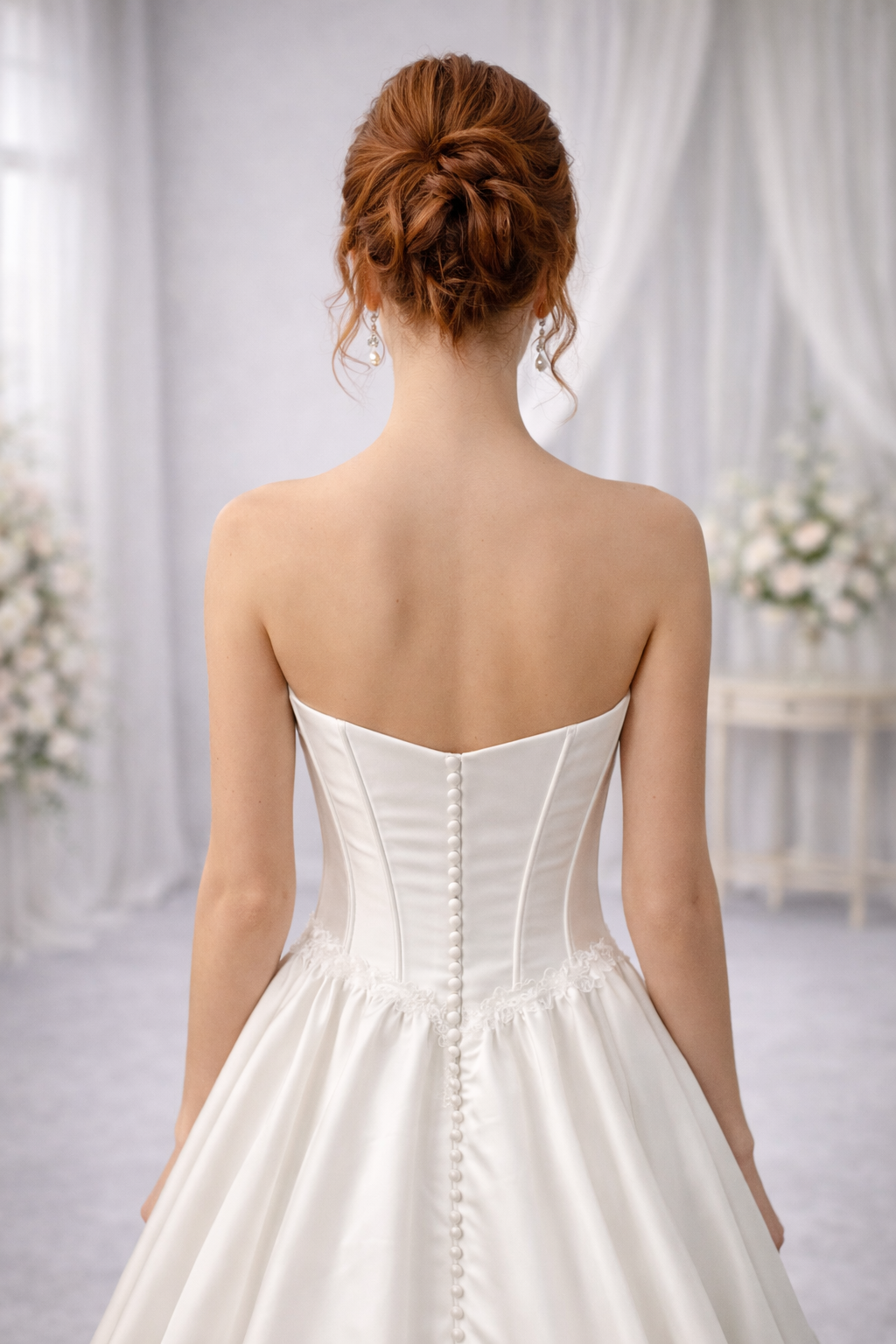 Back view of a person wearing a white strapless wedding dress with a blurred decorative background