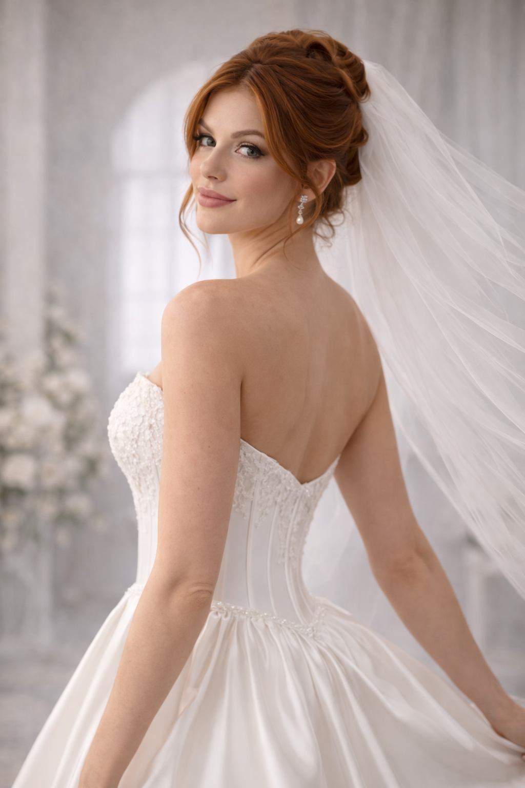 Woman in a white wedding dress with a long veil against a neutral background