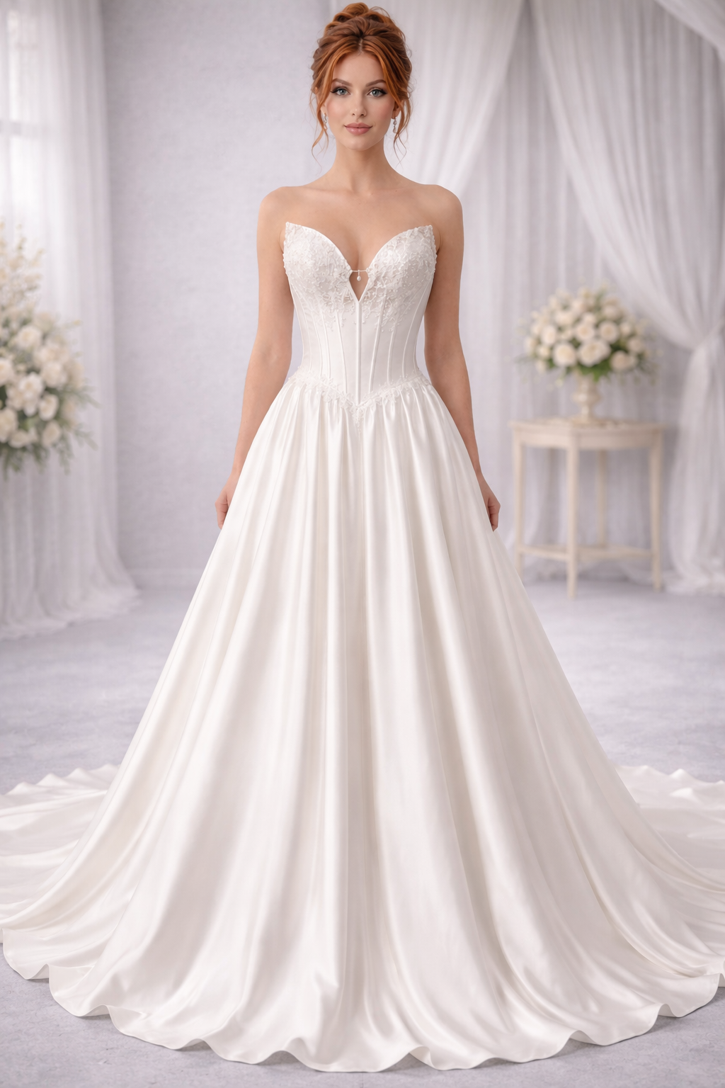 Woman wearing a white wedding dress in a softly lit room with white curtains and flowers.