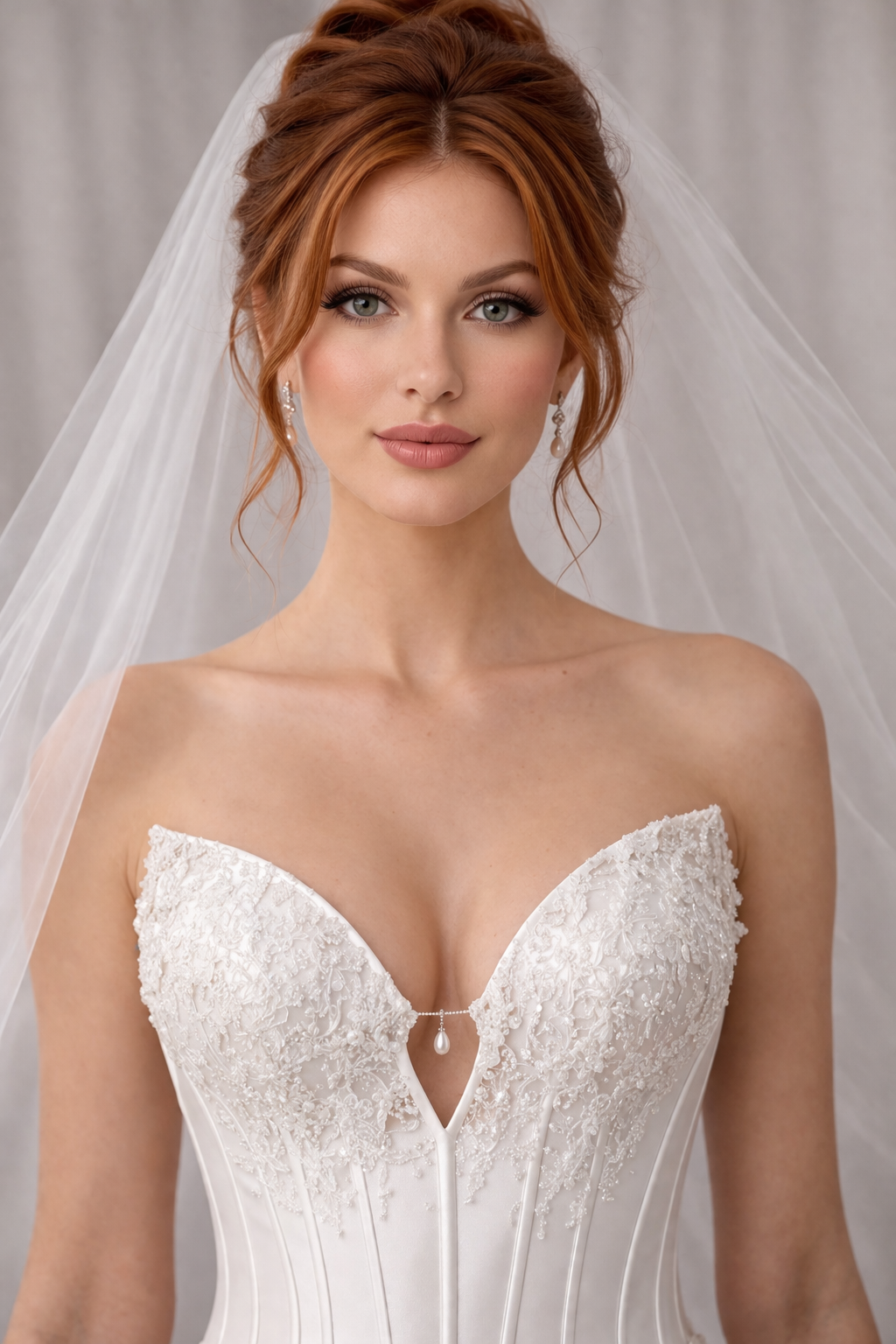 Woman wearing a white wedding dress with a veil against a neutral background at the bridal company brisbane gold coast