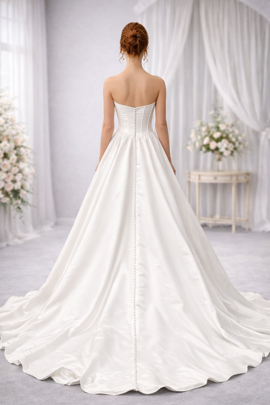 Woman wearing a white strapless wedding dress in a room with white curtains and flowers. at the bridal company brisbane gold coast