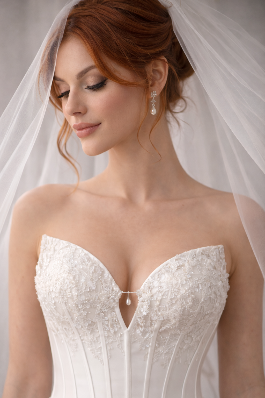 Woman wearing a white wedding dress with a veil and jewelry. at the bridal company brisbane gold coast