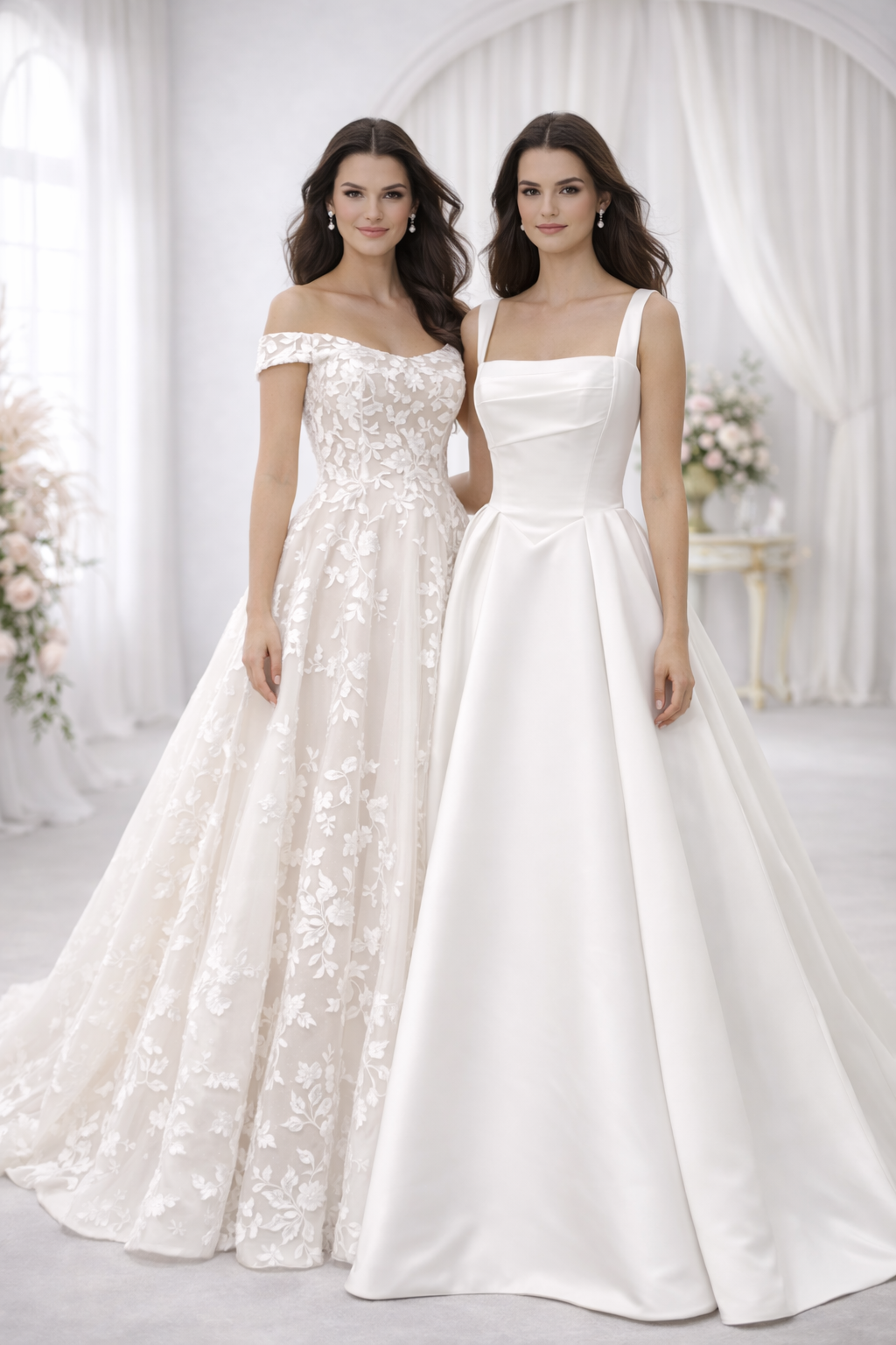 Two women wearing white wedding dresses in a studio setting with white curtains and flowers.