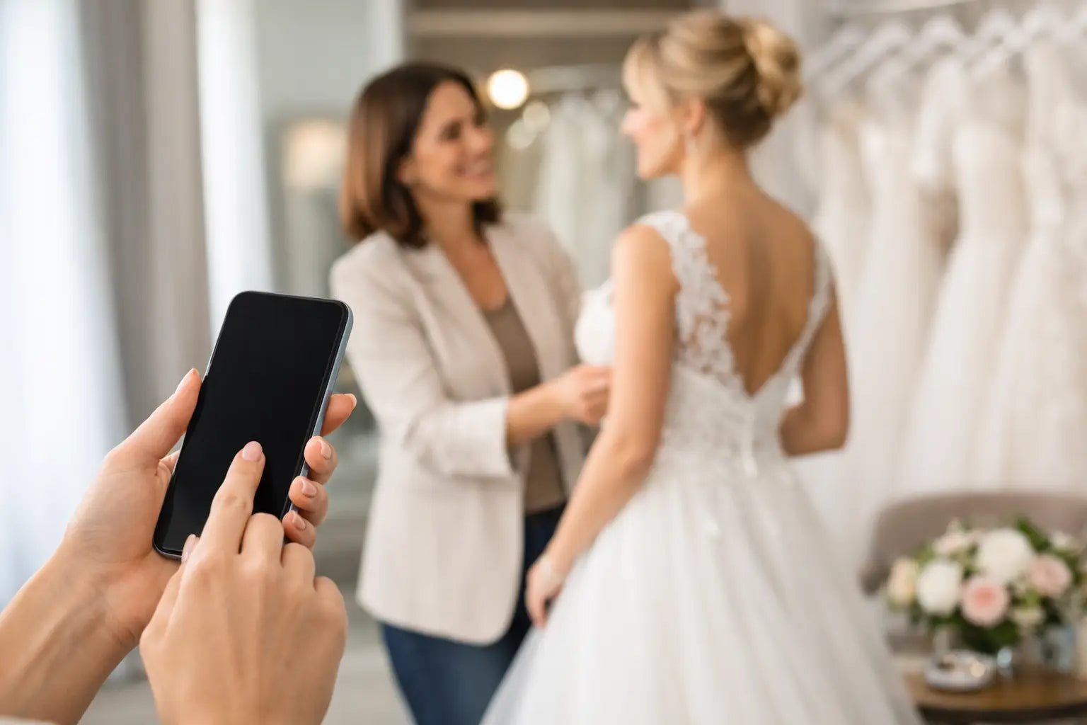 A bride in a white lace wedding gown stands in a bridal shop while a consultant adjusts the dress. In the foreground, a person holds a smartphone to take a photo.