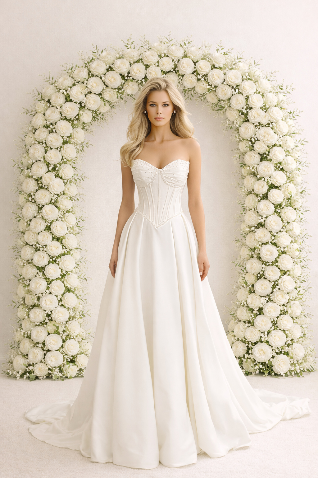 Woman in a ivory strapless wedding dress standing in front of a floral arch.
