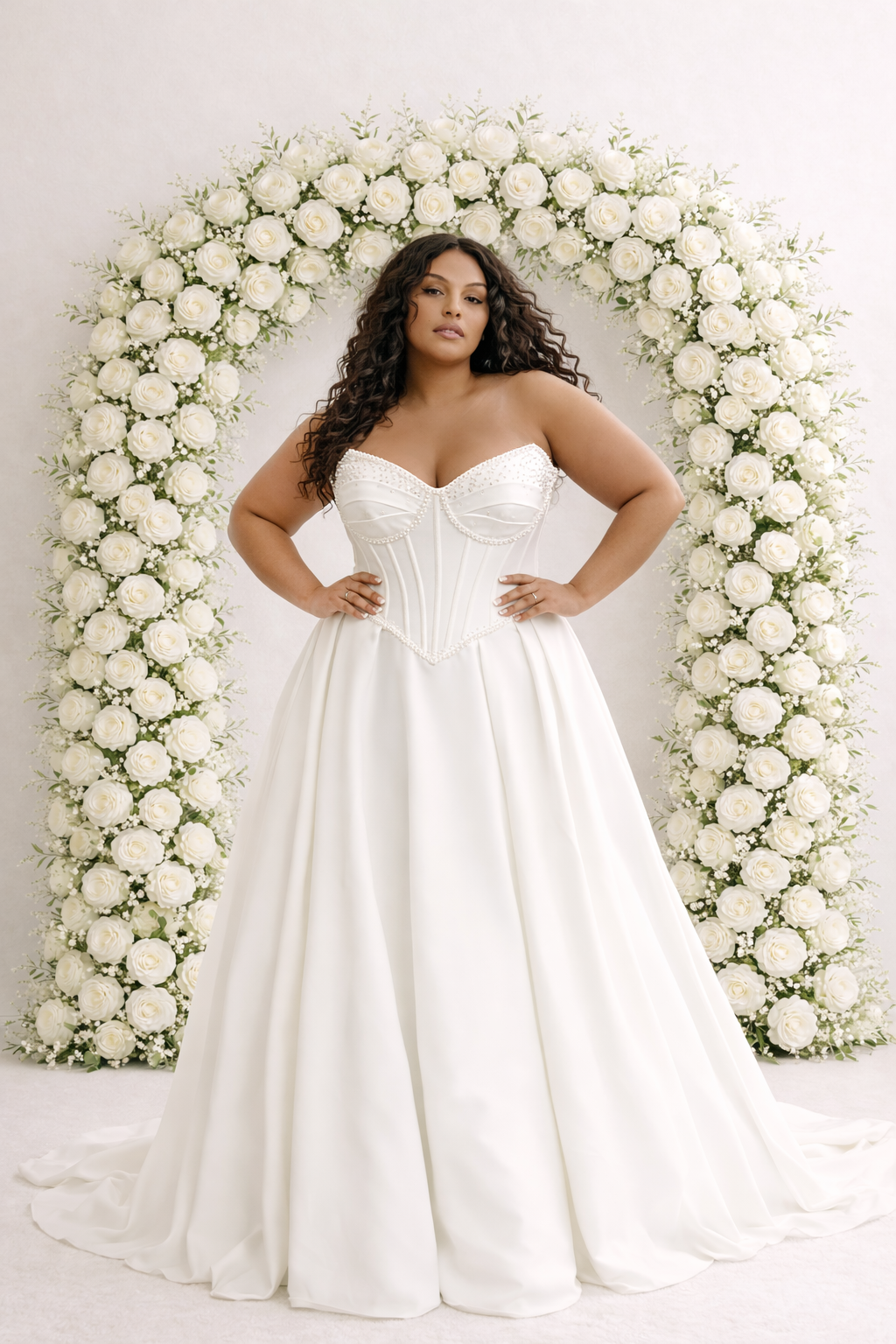 Woman in an ivory strapless gown standing in front of a floral arch.