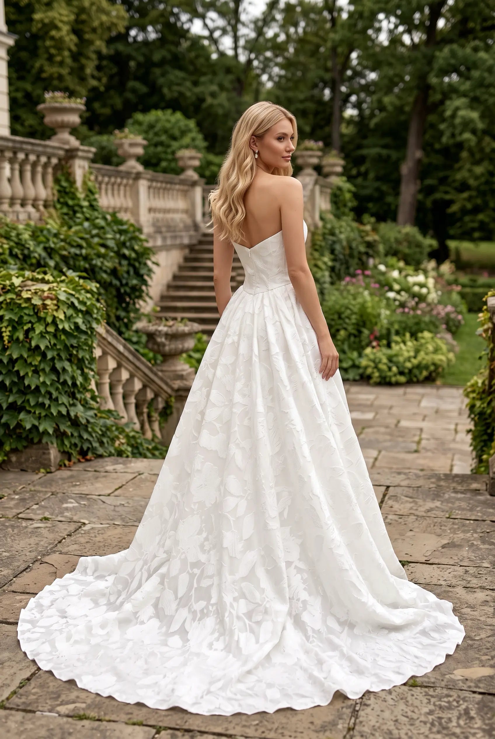 Embrace modern romance in this strapless floral jacquard wedding dress. 