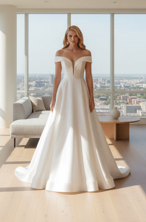 Woman in a white wedding dress standing in an ancient ruin setting, the bridal company