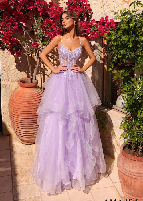 Lace Corset Ball Gown with Tiered Tulle Skirt Style 89504
